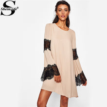 Sheinside Contrast Scallop Eyelash Lace Double Layer Flare Sleeve Dress Khaki Round Neck Long Sleeve Casual Tshirt Dress