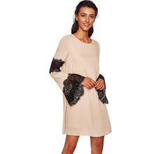 Sheinside Contrast Scallop Eyelash Lace Double Layer Flare Sleeve Dress Khaki Round Neck Long Sleeve Casual Tshirt Dress