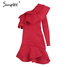 Simplee One shoulder ruffle bodycon dress Women elegant long sleeve autumn slim dress Female sexy party club dress vestidos 2017