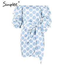 Simplee Off shoulder ruched puff sleeve summer dress Loose casual robe femme High waist sashes backless party dress vestidos