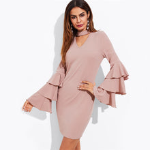 Sheinside Tiered Ruffle Sleeve Party Dresses 2017 Pink Choker Neck Sexy Ladies Cut Out Bodycon Dress 2017 V Neck Club Mini Dress