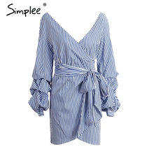 Simplee Off shoulder lantern sleeve wrap dress Blue stripe bow belt sexy dress Autumn winter plaid short dress vestidos 2017