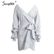Simplee Off shoulder lantern sleeve wrap dress Blue stripe bow belt sexy dress Autumn winter plaid short dress vestidos 2017