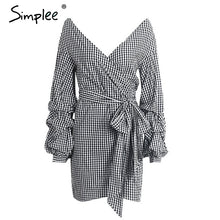 Simplee Off shoulder lantern sleeve wrap dress Blue stripe bow belt sexy dress Autumn winter plaid short dress vestidos 2017