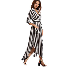 Sheinside Contrast Vertical Striped Notch Lapel Belted Shirt Dress 2017 V Neck High Low Sexy Dress Ladies Work Maxi Dress