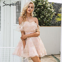 Simplee Off shoulder flower mesh summer dress women Elegant high waist backless mini dress 2017 Fashion strapless party dresses