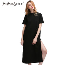 TWOTWINSTYLE 2017 High Split Autumn Midi Long Dress Female Black T Shirts Dresses for Women Casual Clothing Korean Harajuku