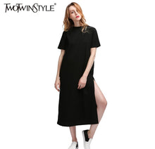 TWOTWINSTYLE 2017 High Split Autumn Midi Long Dress Female Black T Shirts Dresses for Women Casual Clothing Korean Harajuku
