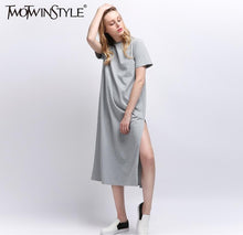 TWOTWINSTYLE 2017 High Split Autumn Midi Long Dress Female Black T Shirts Dresses for Women Casual Clothing Korean Harajuku