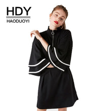 HDY Haoduoyi Solid Black Sweet Knee-Length Dress Women Flare Sleeve Turtleneck Zipper Casual Split Fashion Vestidos Female