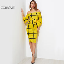 COLROVIE Plaid OL Peplum Dress 2017 Elegant Self Tie Waist Women Yellow Midi Autumn Dress Fashion Empire Off Shoulder Work Dress