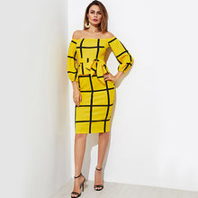 COLROVIE Plaid OL Peplum Dress 2017 Elegant Self Tie Waist Women Yellow Midi Autumn Dress Fashion Empire Off Shoulder Work Dress
