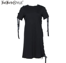 TWOTWINSTYLE 2017 Summer Women Ribbons Sleeve T Shirt Dresses Long Tee Side Lace up Casual Clothes Korean Fashion Big Sizes New