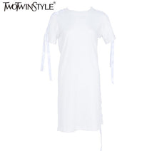 TWOTWINSTYLE 2017 Summer Women Ribbons Sleeve T Shirt Dresses Long Tee Side Lace up Casual Clothes Korean Fashion Big Sizes New