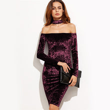 COLROVIE Bardot Velvet Bodycon Dress With Choker Women Sexy Party Club Long Sleeve Dresses 2017 Off Shoulder Zip Slim Midi Dress
