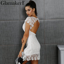 Glamaker Elegant white lace women dress Sexy back hollow out casual dress Autumn short sleeve fashion party dress vestidos