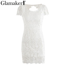 Glamaker Elegant white lace women dress Sexy back hollow out casual dress Autumn short sleeve fashion party dress vestidos