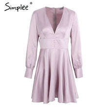 Simplee Fashion satin soft fashion winter dress women V neck short sexy dress Autumn button long sleeve dress vestido de festa