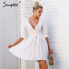 Simplee Sexy v neck hollow out lace dress women Half sleeve tie up autumn dress female Casual button winter white dress vestido