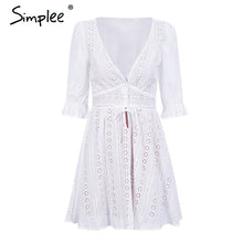 Simplee Sexy v neck hollow out lace dress women Half sleeve tie up autumn dress female Casual button winter white dress vestido