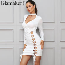Glamaker Lace up sexy elegant choker dress women Bodycon deep v neck short dress Long sleeve slim fitness winter mini dress