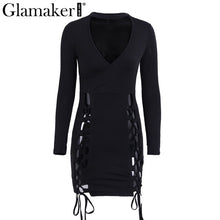 Glamaker Lace up sexy elegant choker dress women Bodycon deep v neck short dress Long sleeve slim fitness winter mini dress