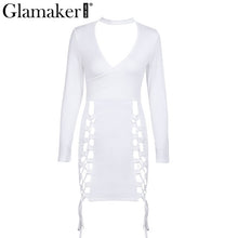 Glamaker Lace up sexy elegant choker dress women Bodycon deep v neck short dress Long sleeve slim fitness winter mini dress