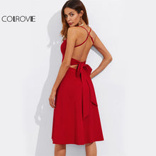 COLROVIE Crisscross Belted Back Cut Out Fitted & Flared Dress 2017 Red Spaghetti Strap Sleeveless Sexy A Line Party Dress