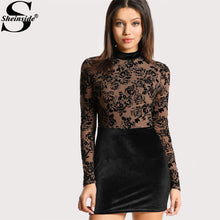 Sheinside Floral Flock Mesh Bodice Combo Dress 2017 Round Neck Long Sleeve Sexy Bodycon Dress With Lining Velvet Winter Dress