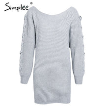 Simplee Sexy lace up sweater dress women Casual o neck batwing sleeve knitted dress jumper Antumn winter dress pullover female