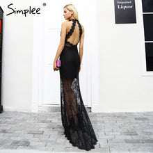 Simplee Elegant halter black lace dress women Sexy backless slim skinny maxi party dresses autumn Vintage long christmas dress