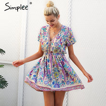 Simplee Print v neck button boho short dress Women casual beach pink mini dresses Vintage flower loose dress vestidos de festa