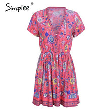 Simplee Print v neck button boho short dress Women casual beach pink mini dresses Vintage flower loose dress vestidos de festa