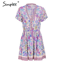 Simplee Print v neck button boho short dress Women casual beach pink mini dresses Vintage flower loose dress vestidos de festa