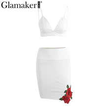 Glamaker Sexy two-piece suit summer dress Women floral embroidered patch club casual dress Sexy v neck backless party vestidos
