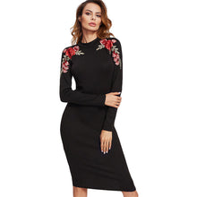 Sheinside 2017 Winter Round Neck Dress Black Embroidered Rose Patch Form Fitting Dress Women Elegant Long Sleeve Bodycon Dress