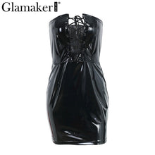 Glamaker Off-shoulder lace up leather dress women sexy slim bodycon mini dress Female bright leather club party dress christmas