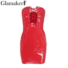 Glamaker Off-shoulder lace up leather dress women sexy slim bodycon mini dress Female bright leather club party dress christmas