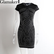 Glamaker Elegant short sleeve o neck rhinestone women dress Sexy black party bodycon dress Fashion club white dress vestidos