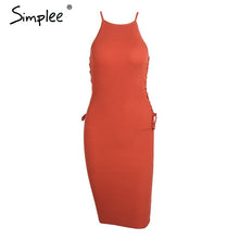 Simplee Lace up hollow out sweater knitted dress Women sleeveless winter bodycon dress vestidos Autumn elegant party sun dress