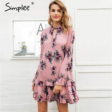 Simplee Ruffle v neck lace up print mini dress women Loose long sleeve short dress 2018 Spring streetwear boho dress female