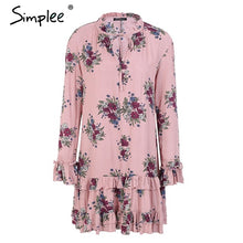 Simplee Ruffle v neck lace up print mini dress women Loose long sleeve short dress 2018 Spring streetwear boho dress female