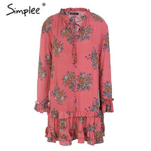 Simplee Ruffle v neck lace up print mini dress women Loose long sleeve short dress 2018 Spring streetwear boho dress female