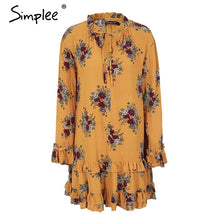 Simplee Ruffle v neck lace up print mini dress women Loose long sleeve short dress 2018 Spring streetwear boho dress female