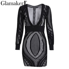 Glamaker Sexy deep v neck lace dress women Casual patch bodycon dress Elegant long sleeve women mini dress vestido de festa 2017