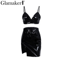 Glamaker Sexy deep v neck leather dress women Halter side split mini dress Female two-piece bodycon dress party dresses vestidos
