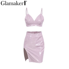 Glamaker Sexy deep v neck leather dress women Halter side split mini dress Female two-piece bodycon dress party dresses vestidos