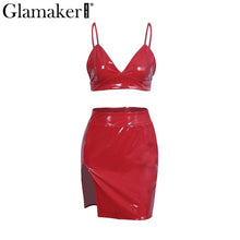 Glamaker Sexy deep v neck leather dress women Halter side split mini dress Female two-piece bodycon dress party dresses vestidos