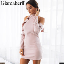 Glamaker Halter cold shoulder short dress Women ruffles bodycon dress sexy Long sleeve elegant mini dress autumn winter
