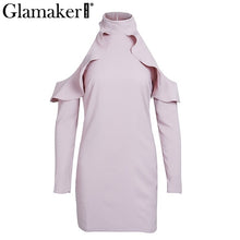 Glamaker Halter cold shoulder short dress Women ruffles bodycon dress sexy Long sleeve elegant mini dress autumn winter